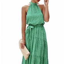 Awemeal Sommerkleid Damen Lang Blumenmuster Boho Kleid Ärmellos Neckholder Strandkleid Rüsche Maxikleid mit Gürtel （S, 259 Grün）