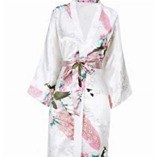 BABEYOND Damen Morgenmantel Maxi Lang Seide Satin Kimono Kleid Pfau Muster Kimono Bademantel Damen Lange Robe Schlafmantel Girl Pajama Party (Weiß)