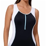 BALEAF Damen Badeanzug mit Bein Sport Badeanzug Reißverschluss Einteiliger Wettkampf Badeanzug Bauchweg Schwarz und Weiß 42