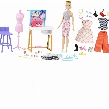 Barbie HDY90 - Modedesigner-Puppe (30,40 cm) & Studio, 25+ Design- und Modezubehör, Design-Schreibtisch, Stuhl, Nähmaschine, Stoffmuster, Schaufensterpuppe & mehr, Spielzeug ab 3 Jahren