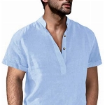 Baumwolle Leinenhemd Herren Hemd Kurzarm Freizeithemd Kragenlos Stehkragen Sommer Henley Shirts, Blau, XXL