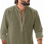 Baumwolle Leinenhemd Herren Hemd Langarm Stehkragen Sommerhemd Strandhemd Elegant Shirts, Grün, XXL