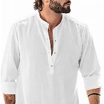Baumwolle Leinenhemd Herren Hemd Langarm Stehkragen Sommerhemd Strandhemd Elegant Shirts, Weiß, L