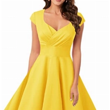 bbonlinedress 1950er Vintage Retro Cocktailkleid Rockabilly V-Ausschnitt Faltenrock Yellow M
