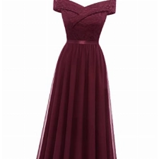Bbonlinedress Abendkleid elegant für Hochzeit Schulterfrei Spitze Chiffon Kleid Brautjunferkleid Prom Bridesmaid Dress Partykleid Abschlusskleid lang Sommerkleid Ballkleid-2Burgundy M
