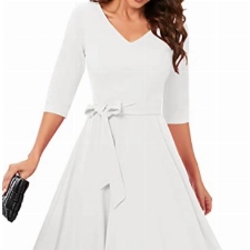 Bbonlinedress Kleider Damen festlich 3/4 arm V-Ausschnitt Midi Kleider Abendkleider elegant für Hochzeit Rockabilly Kleider White M