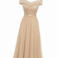 Bbonlinedress Sommerkleid Damen Abendkleid lang Elegant Cocktailkleid Schulterfrei Spitze Chiffon Hochzeit Kleid Brautjunferkleid Prom Bridesmaid Dress Partykleid Ballkleid-2Champagne M