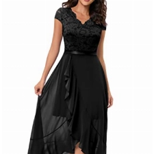 Bbonlinedress Sommerkleid Damen Abendkleid lang Elegant Cocktailkleid V-Ausschnitt Spitze Vokuhila Chiffon Hochzeit Brautkleid Prom Bridesmaid Dress Partykleid Ballkleid Black L