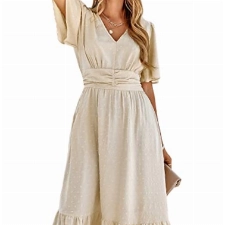 BebreezChic Sommerkleid Damen Lang Boho Elegant Kurzarm V-Ausschnitt Hohe Taille Swiss Dot Gerafft Blumen Strandkleid Maxikleid, Beige L