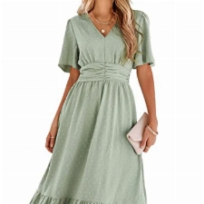 BebreezChic Sommerkleid Damen Lang Boho Elegant Kurzarm V-Ausschnitt Hohe Taille Swiss Dot Gerafft Blumen Strandkleid Maxikleid, Hellgrün M