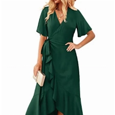 Beluring Damen Wickelkleid Elegant V Ausschnitt Kurzarm Maxi Kleid Dunkelgrün XL