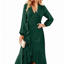 Beluring Kleider Damen Sexy Langarm Schönes Wickelkleid V-Ausschnitt Partykleid Dunkelgrün XXL