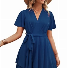 Bequemer Laden Damen Sommer Kurzarm Tiefer V-Ausschnitt Sexy Kurz Kleid Hohe Taille Rüschen Gürtel Kleider Sommerkleid Strandkleid Minikleid Wickelkleid 2023, Marineblau, M