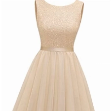 BeryLove Abendkleider Kurz Kleid Damen Pailletten Brautjungfernkleid Kurz Cocktailkleid Damen Kurz S002 Champagne 2XL