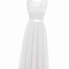 BeryLove Damen Abendkleid Elegant Cocktailkleid Lang Brautjunferkleid Chiffon Spitzen Kleid Hochzeit Party Weiß BLP7025 White S