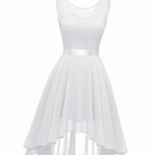 BeryLove Damen Brautjungfer Kleid Weiß Spitzenkleid Elegant Vokuhila Cocktailkleid Ärmellos Abendkleid Chiffon BLP7035 White S