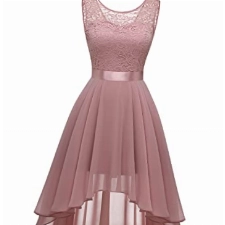 BeryLove Damen Kleid Vokuhila Elegant Spitzenkleid Cocktailkleid Hochzeitskleid Ärmellos Abendparty Chiffon Brautjungfernkleid BLP7035 Blush 2XL