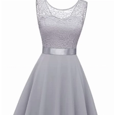 BeryLove Damen Spitzenkleid Brautjungfer Elegant Party Knielang Cocktailkleid Chiffon Ärmellos BLP7005B-GreyXL