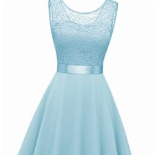 BeryLove Damen Spitzenkleid Brautjungfer Elegant Party Knielang Cocktailkleid Chiffon Ärmellos BLP7005 B-Light Blue M