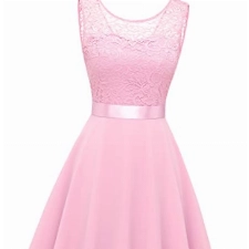 BeryLove Damen Spitzenkleid Brautjungfer Elegant Party Knielang Cocktailkleid Chiffon Ärmellos Rosa BLP7005 B-Pink 3XL