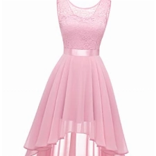 BeryLove Damen Spitzenkleid Elegant Vokuhila Cocktailkleid Ärmellos Abendkleid Chiffon Brautjungfer Kleid BLP7035 Pink XL