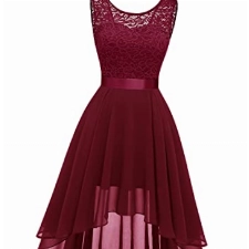 BeryLove Damen Spitzenkleid Rot für Weihnachten Elegant Vokuhila Cocktailkleid Ärmellos Abendkleid Chiffon Brautjungfer Kleid Dunkelrot BLP7035 DarkRed M