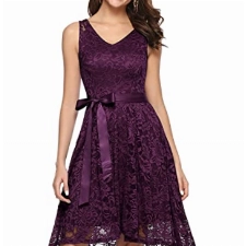 BeryLove V Ausschnitt Damen Kleider Elegant Abendkleid Lang Ballkleid Damen Abendkleider Elegant Für Hochzeit Spitzenkleid Traube 7018Grape XS