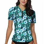 BesserBay Damen Schwimmen Bademode Rash Guard mit Kurzarm und 1/4 Zip Bademode Tankini UPF 50+ L