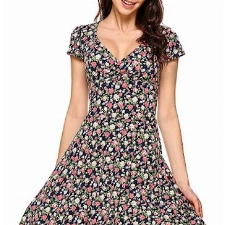 Beyove Damen Jersey Kleid Blumen Skaterkleid V-Ausschnitt Sommerkleider Muster Jerseykleid Sexy Kurz oder Langarm A-blau L