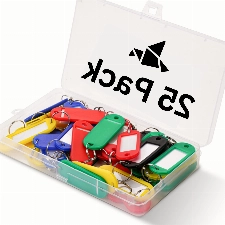 BirdFactor 25er-Pack Schlüsselanhänger mit Etiketten – 5 Farben, Kunststoffbox, 25 zusätzliche Papieretiketten – Schlüsselanhänger und Schlüsselanhänger