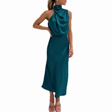 BISKAMY Ballkleider Damen Lang Abendkleider Elegant Satin Kleid für Hochzeit Neckholder Cocktailkleid Damen Elegant Kleid Sommerkleid Schmal Abschlusskleid