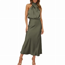 BISKAMY Ballkleider Damen Lang Abendkleider Elegant Satin Kleid für Hochzeit Neckholder Cocktailkleid Damen Elegant Kleid Sommerkleid Schmal Abschlusskleid