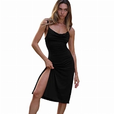 BKEPDY Sexy Kleid Damen Rückenfrei Midikleid Spaghettiträger Partykleid Bodycon Kleider mit Schlitz Elegant Casual Dress Sommer Maxikleid (Schwarz S)
