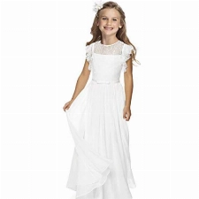 Boho Lange Kinder Spitzenkleid Chiffon Kleid mit Gürtel und Kurzen Butterfly-Ärmeln/Chic A-Linie Kommunionkleider Brautjungfern Kleider Blumenmädchenkleider für Mädchen (Weiß,12-13 Jahre)