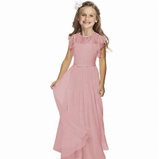Boho Lange Kinder Spitzenkleid Chiffon Kleid mit Gürtel und Kurzen Butterfly-Ärmeln/Chic A-Linie Kommunionkleider Brautjungfern Kleider Blumenmädchenkleider für Mädchen (Rosa,10-11 Jahre)