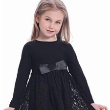 BONNY BILLY Mädchen Kleider Sommer Kurzarm Baumwolle Spitzenkleid Freizeitkleid mit Schleife,Schwarz (Langarm),10-11 Jahre/150