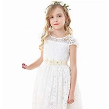 Bow Dream Runder Hals Vintage Spitze Hochzeit Förmlich Mädchenkleid Elfenbein 6 Jahre