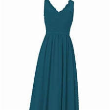 Brautjungfernkleider Spitze Lang A-Linie Chiffon Ballkleider V-Ausschnitt Ärmellos Abendkleider Hochzeit Kleider Tintenblau 32