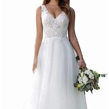 Brautkleid Lang Hochzeitskleider Damen Brautmode Tüll Spitze V-Ausschnitt A-Linie Weiß EUR44