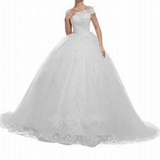 Brautkleider Damen Lang Hochzeitskleid Spitzen Prinzessin Brautmode A-Linie Tüll Standesamtkleider Schnürung Weiß 42