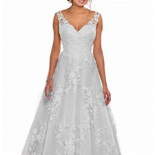 Brautkleider Spitze Prinzessin mit V-Ausschnitt Hochzeitskleider Abendkleider A-Linie Ärmellos mit Schleppe Weiß 50