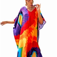 Bsubseach Bunte Strand Cover Up Loose Kaftan Kleid Kurzarm Badeanzug Coverup für Damen Regenbogen