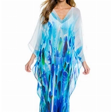 Bsubseach Damen Blue Leaf Print Chiffon Beach Langes Kleid Loose Batwing Sleeve Strandkleid Beachwear