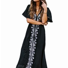 Bsubseach Damen Schwarz V-Ausschnitt Bestickte Böhmische Lange Strandkleid Halb Ärmel Sexy Bikini Strandkleid