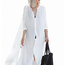 Bsubseach Damen Weiß Turn Down Kragen Bikini Cover Ups Bademode Strand Lange Shirts Bluse Kimono Cardigan