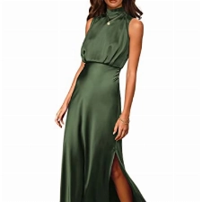 BTFBM Damen Abendkleid Lang Elegant Ballkleid Seitenschlitz Satin Kleid Ärmellos Sexy Maxikleider Cocktail Hochzeit Party (Solides Armeegrün,Medium)
