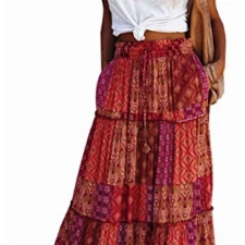 Byoauo Damen Rock Lang Hohe Taille A-Linie mit Gürtel Taschen Boho Blumen Maxi Sommerrock Strandrock