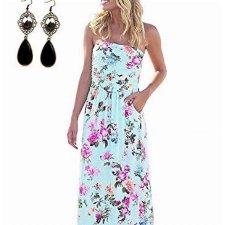 carinacoco Damen Bandeau Bustier Kleider mit Blüte Drucken Lange Sommerkleid Abendkleid Partykleid Cocktailkleid Blau A-Geblümt01