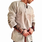 Celucke Herren Mittelalter Leinenhemd Sommer Herbst Hemden Langarm Retro-Kragen mit Schnürung, Männer Freizeithemd Casual Leinen Yoga Shirt Fisherman Sommerhemd (Gelb, M)