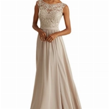 Charmant Damen Beige Chiffon Hundkragen Abendkleider Partykleider Promkleider Brautjungfernkleider Lang-40 Beige